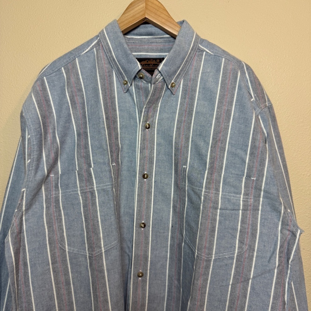 Eddie Bauer Vintage 90s Blue Stripped Button Up Shirt 100% Cotton - XLT - Picture 2 of 5